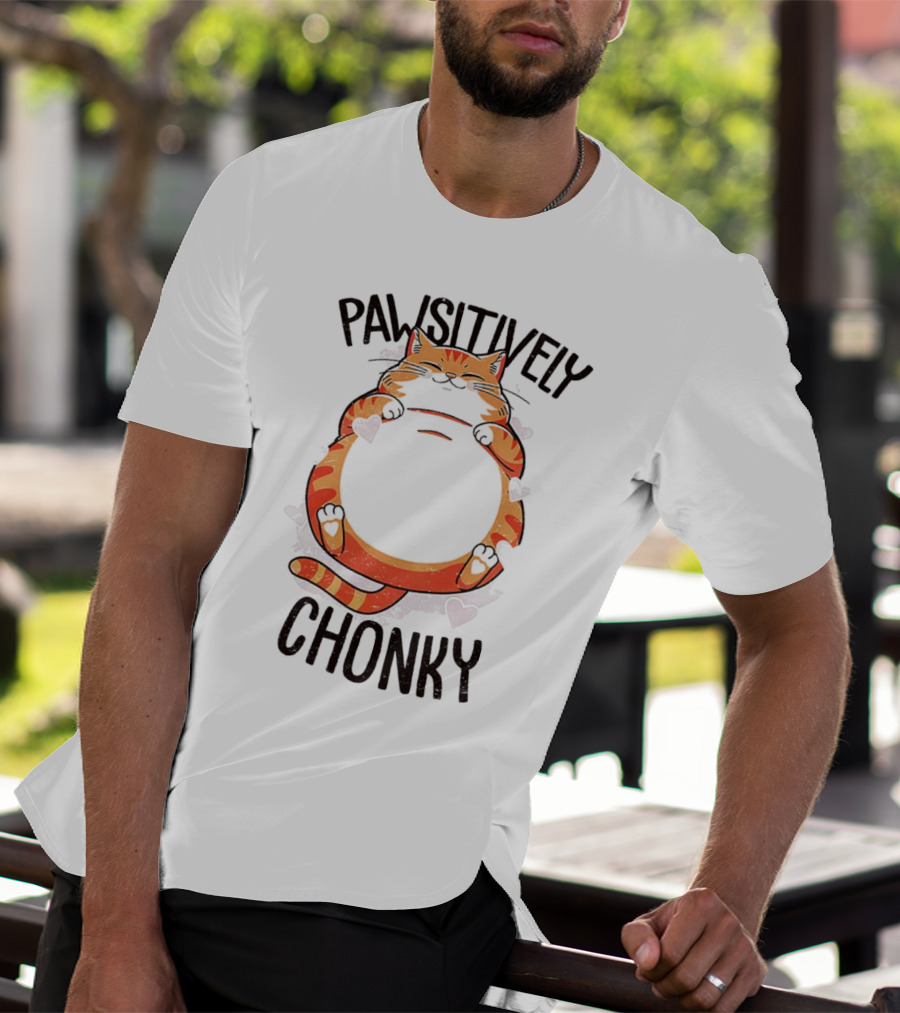 Pawsitively Chonky Cat With Hearts And Smiling Orange Tabby T-Shirt