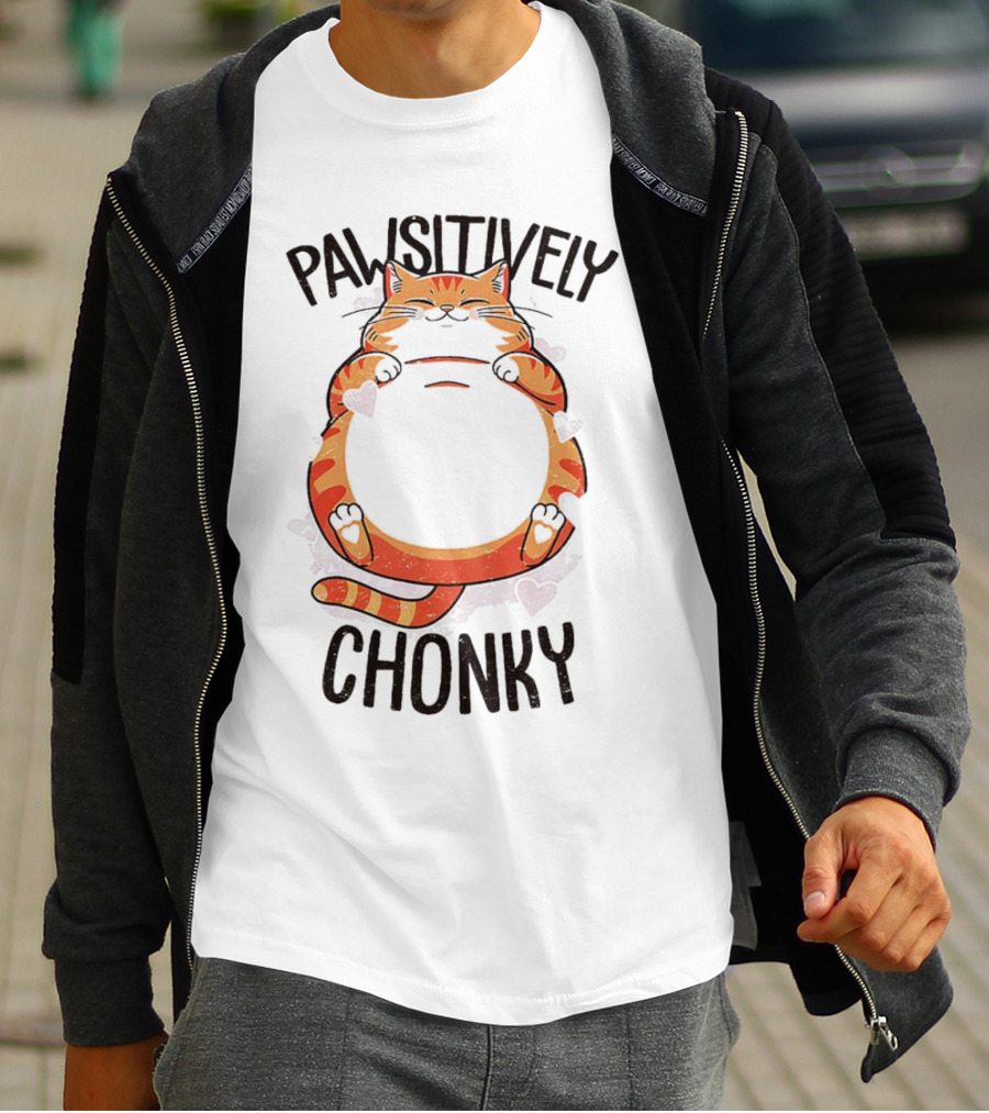 Pawsitively Chonky Cat With Hearts And Smiling Orange Tabby T-Shirt