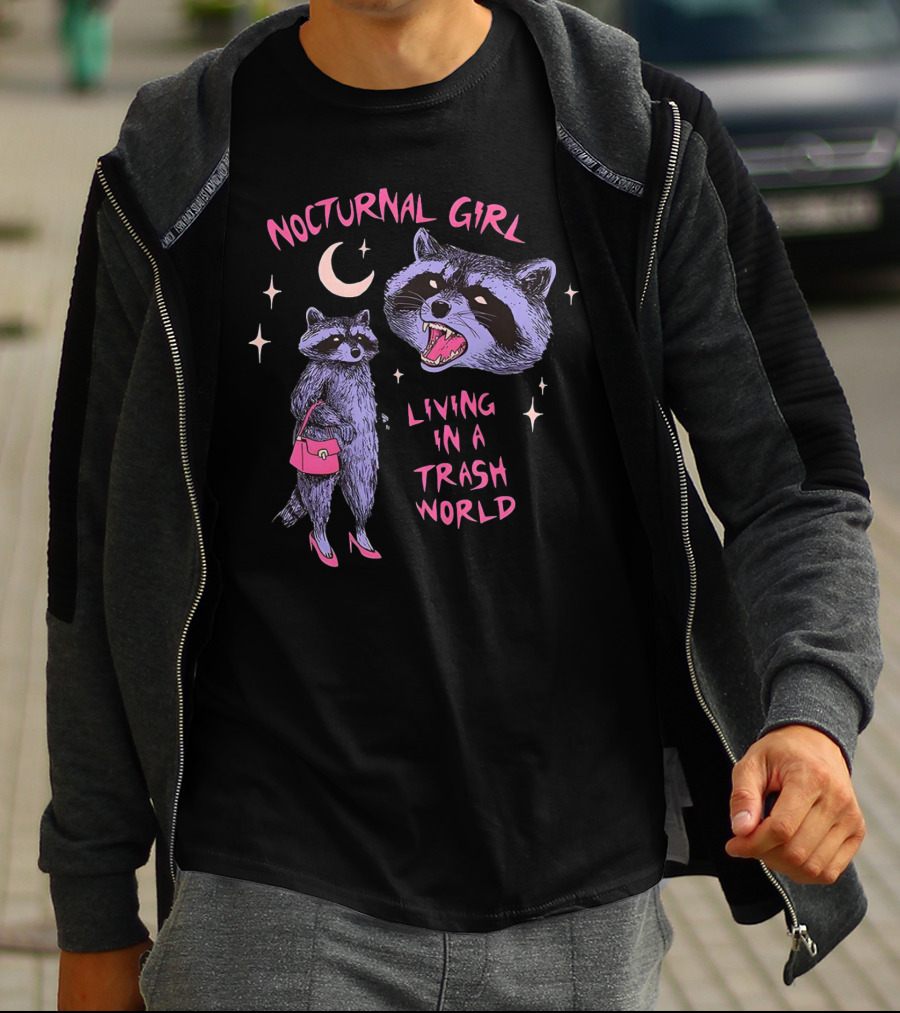 Nocturnal Girl Raccoon Living In A Trash World Under Moon And Stars T-Shirt