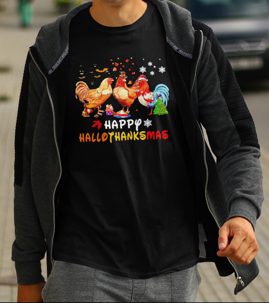Happy Hallothanksmas Chickens Halloween Thanksgiving Christmas Rooster Festive Humor T-Shirt