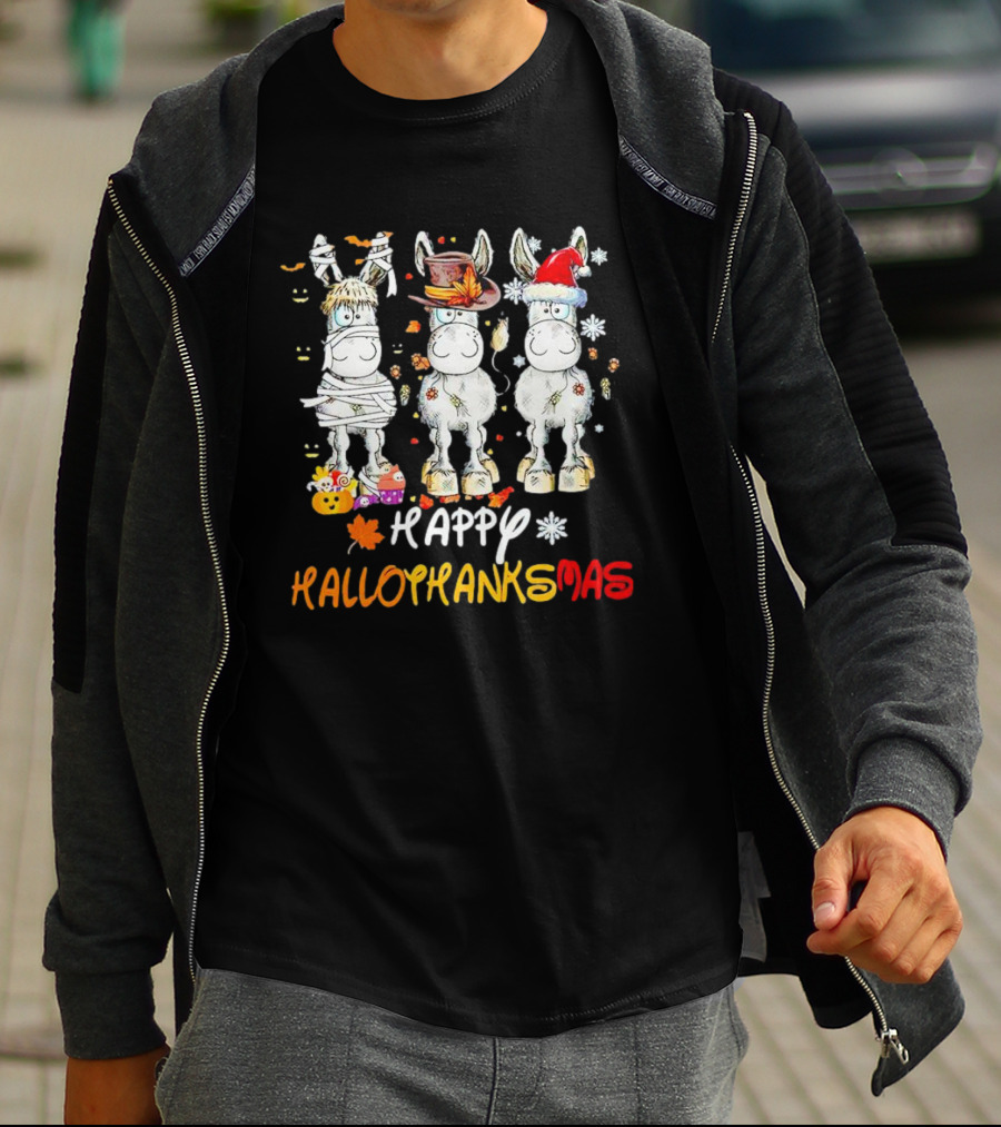 Happy Hallothanksmas Funny Horses Mummy Witch Santa Hats T-Shirt