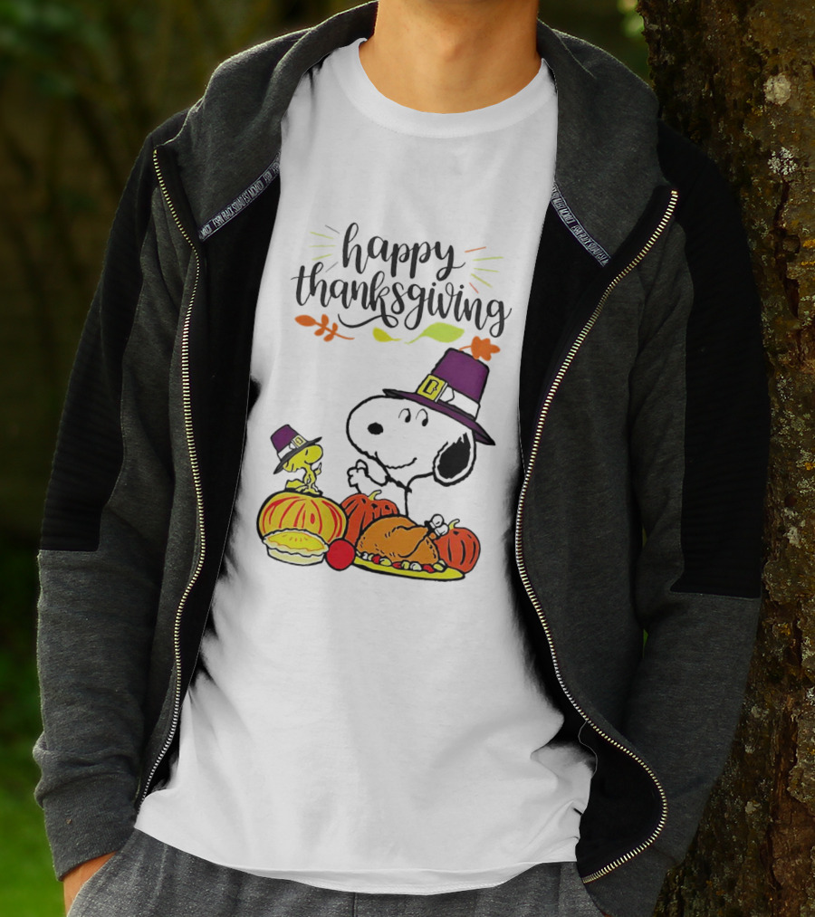 Thanksgiving Snoopy And Woodstock With Pilgrim Hats Feast T-Shirt