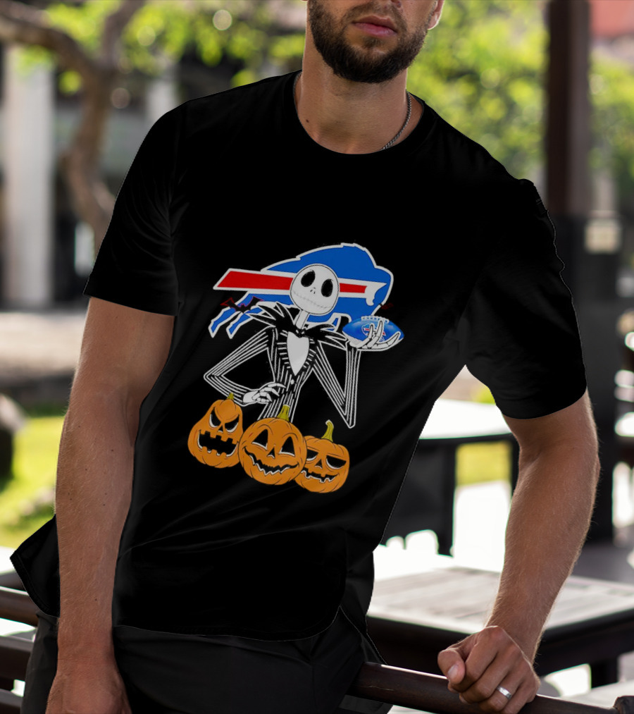 Buffalo Bills Jack Skellington Holding Football Halloween Pumpkins T-Shirt