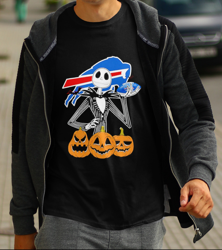 Buffalo Bills Jack Skellington Holding Football Halloween Pumpkins T-Shirt