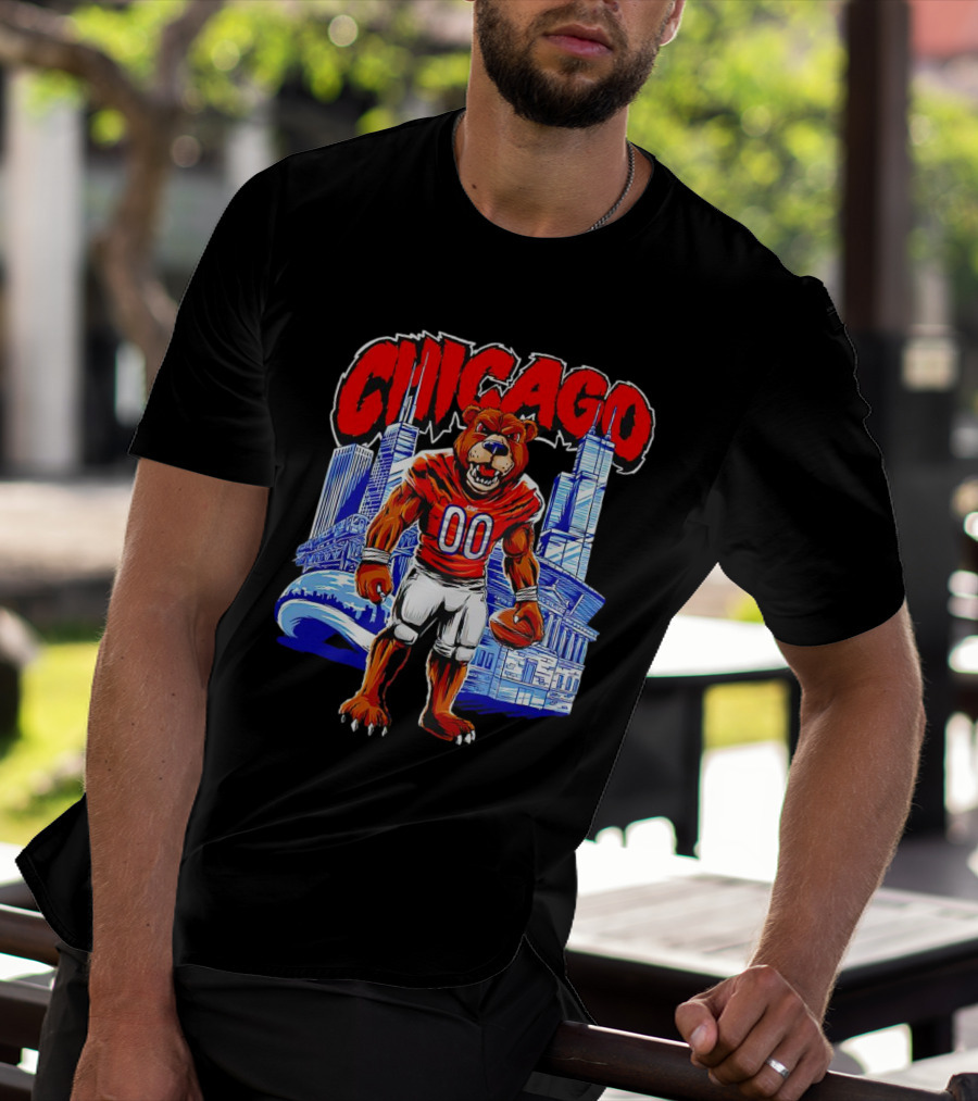 Chicago Bears Mascot Cartoon With City Skyline T-Shirt