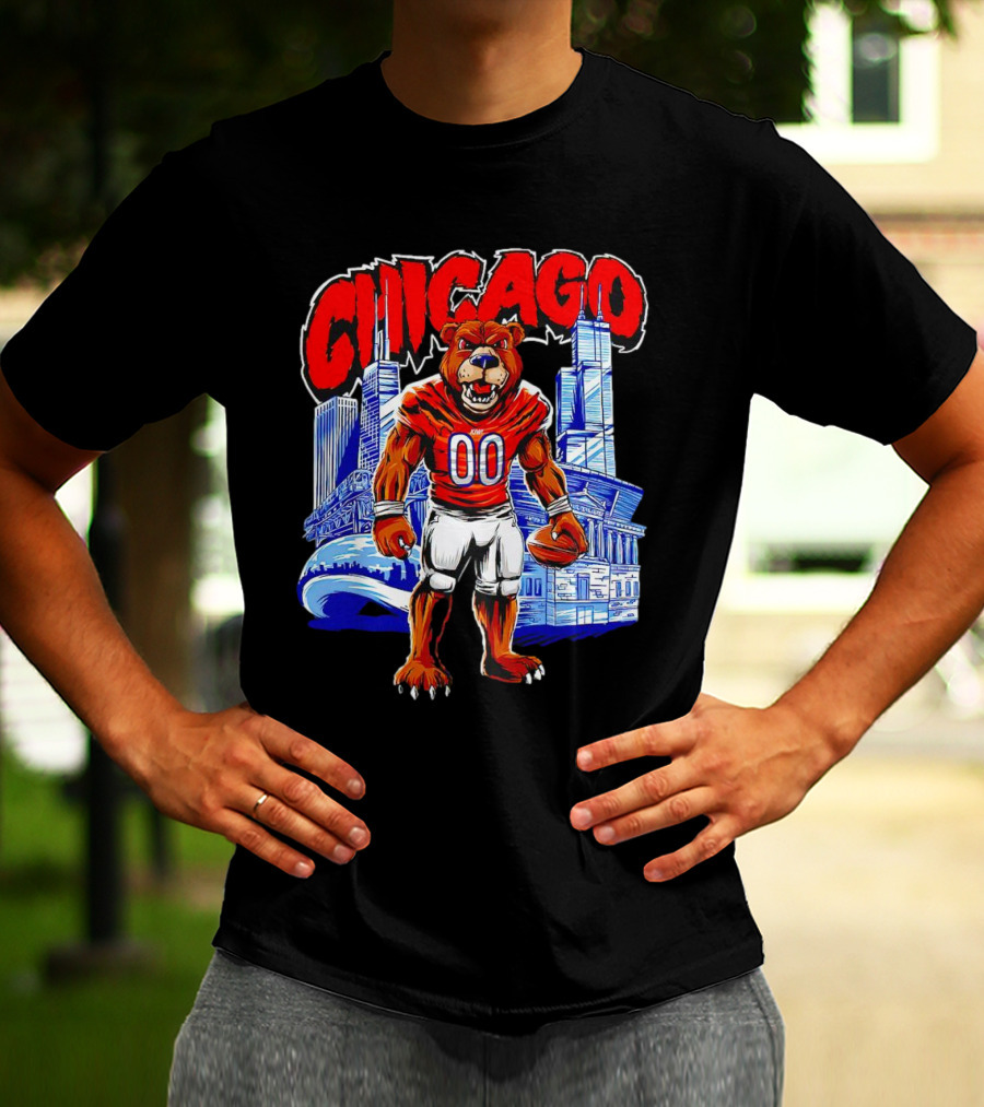 Chicago Bears Mascot Cartoon With City Skyline T-Shirt