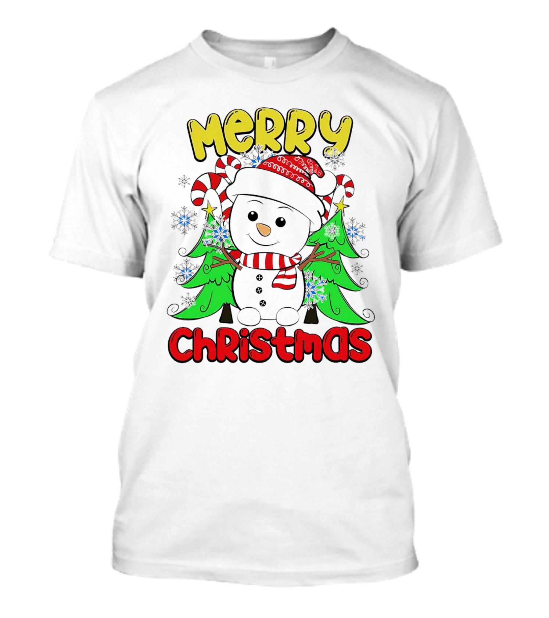 Merry Christmas Snowman With Candy Canes And Snowflakes T-Shirt