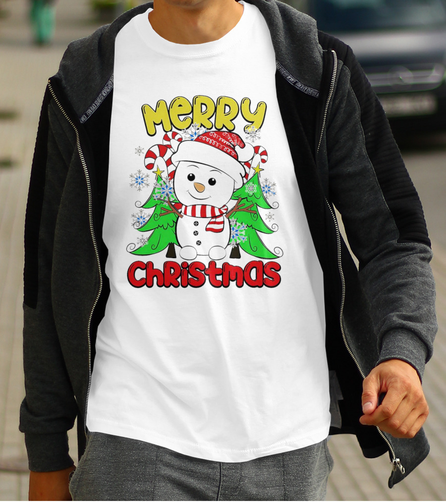 Merry Christmas Snowman With Candy Canes And Snowflakes T-Shirt