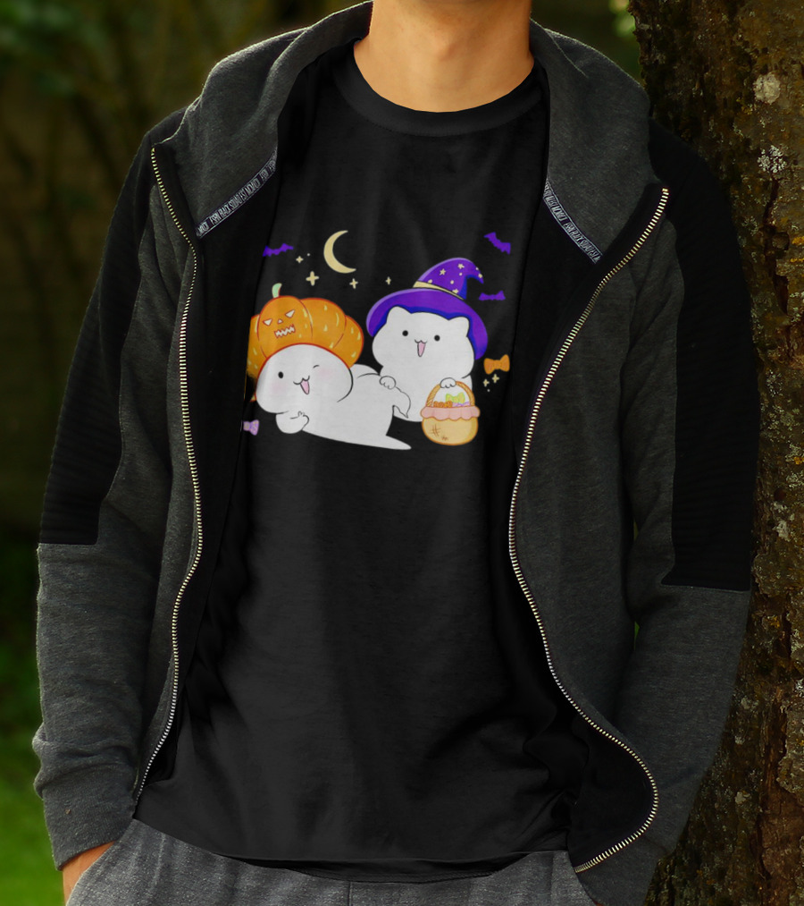 Bongo Cat Meme Halloween Pumpkin Witch Hat Moon Stars Bats T-Shirt