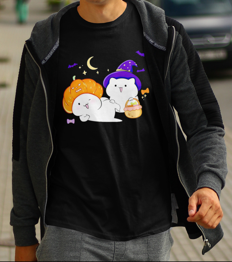 Bongo Cat Meme Halloween Pumpkin Witch Hat Moon Stars Bats T-Shirt