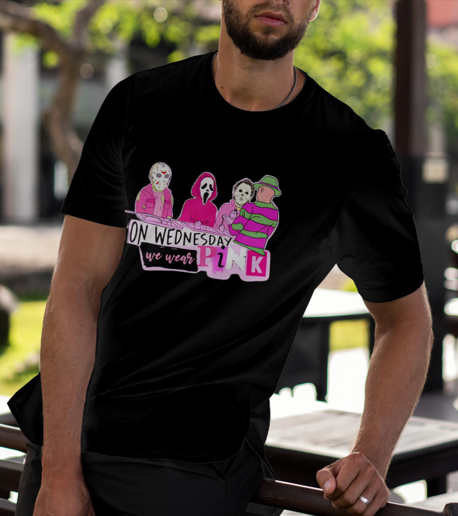 On Wednesdays We Wear Pink Horror Movie Characters Halloween Dinner Scene T-Shirt