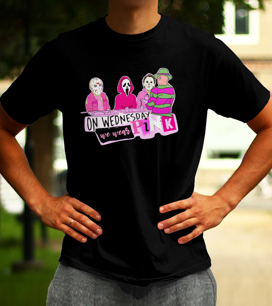 On Wednesdays We Wear Pink Horror Movie Characters Halloween Dinner Scene T-Shirt