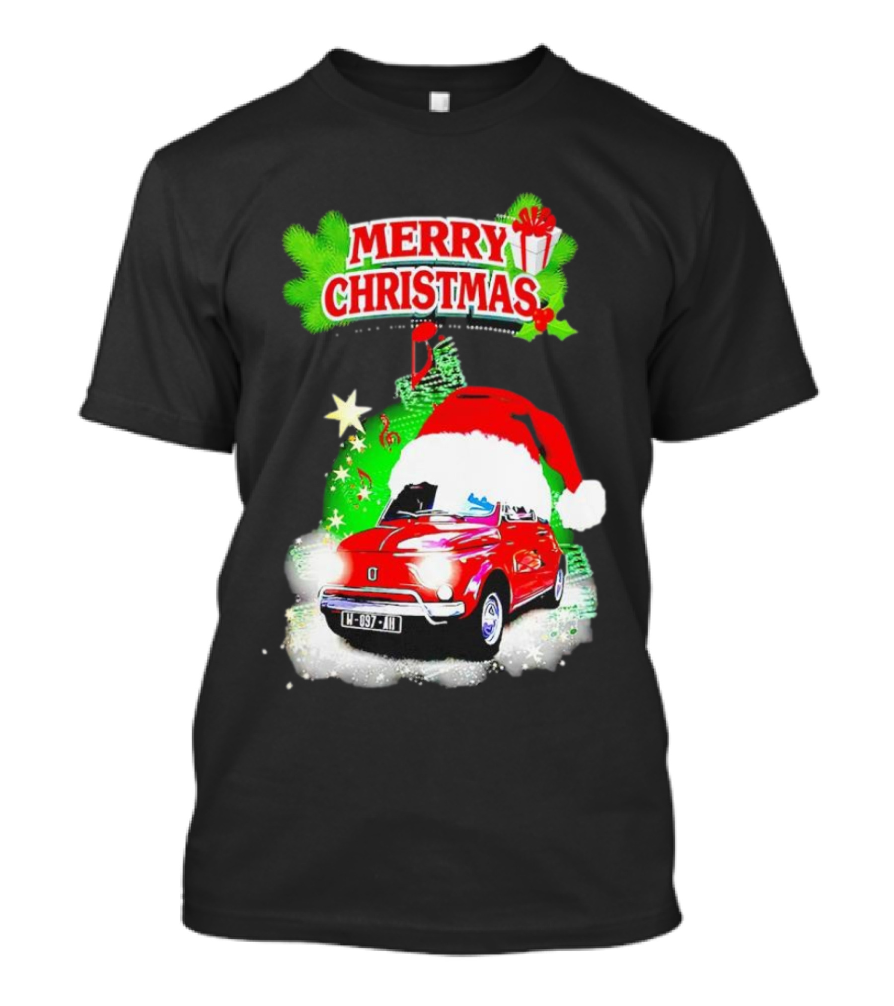 Merry Christmas Red Fiat 500 With Santa Hat And Green Background T-Shirt
