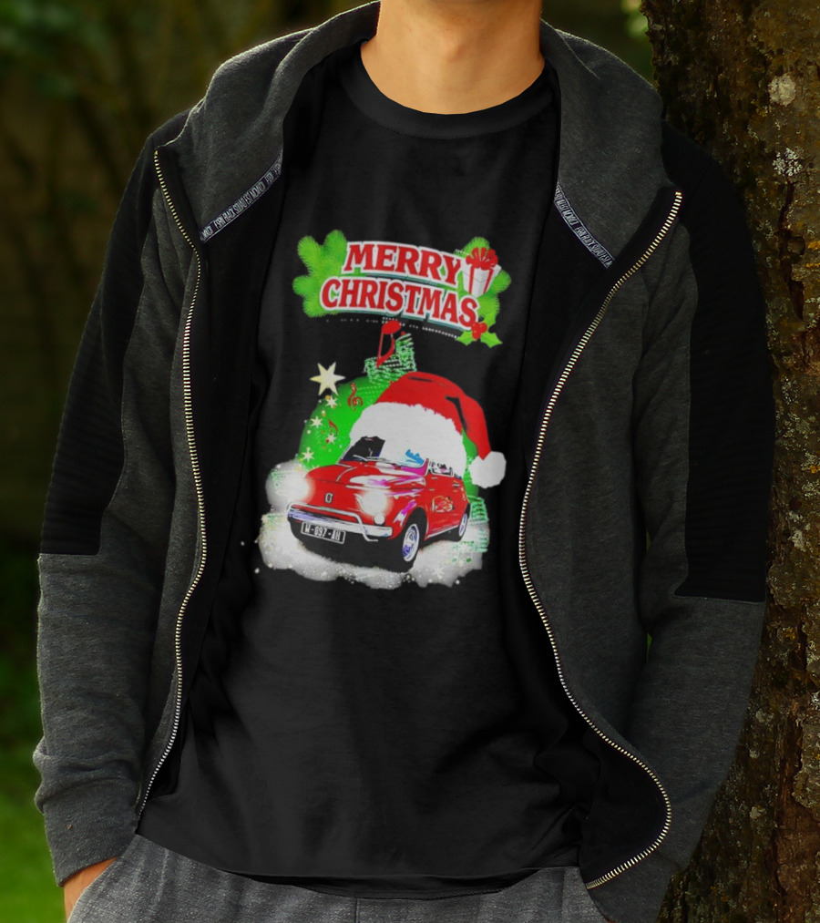 Merry Christmas Red Fiat 500 With Santa Hat And Green Background T-Shirt