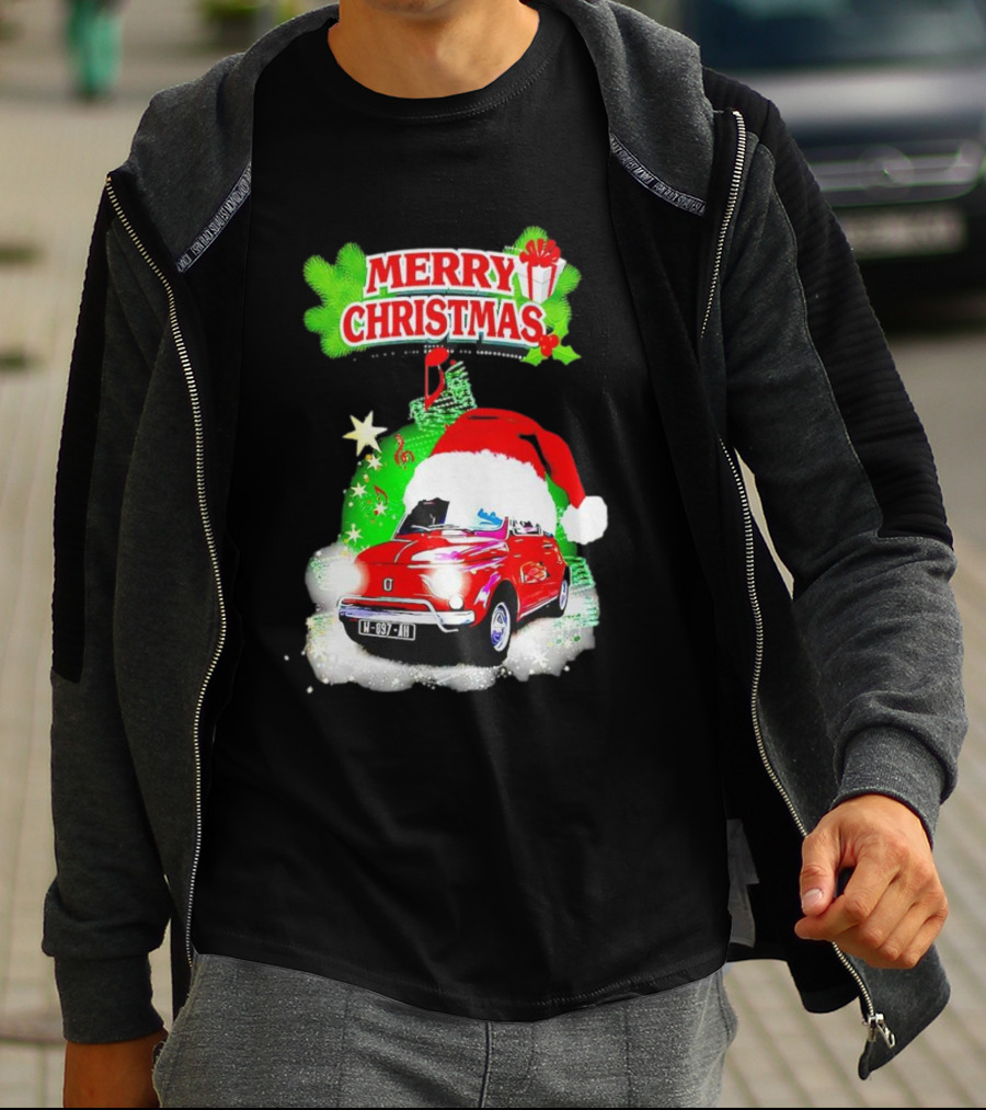 Merry Christmas Red Fiat 500 With Santa Hat And Green Background T-Shirt
