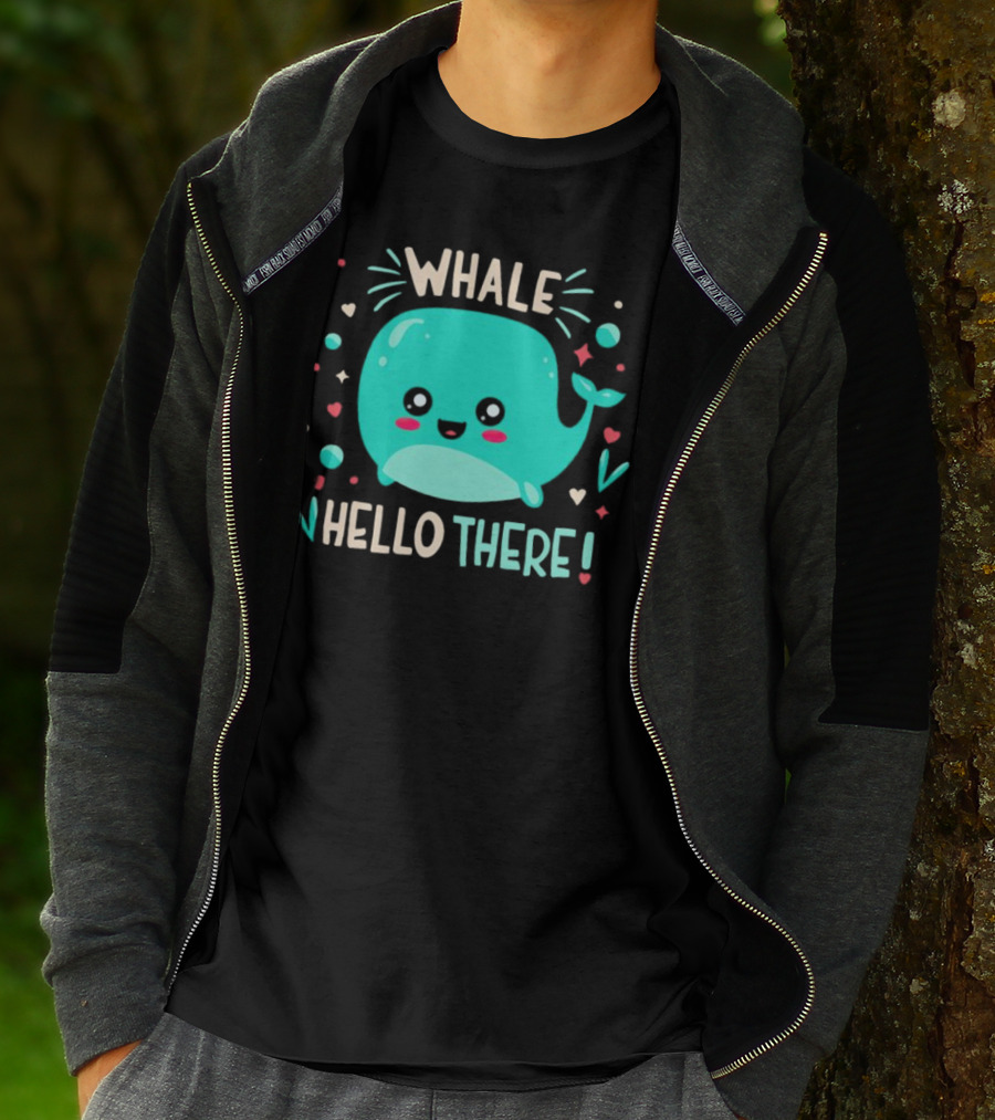 Whale Hello There Cute Cartoon Aqua Whale Design With Hearts And Stars T-Shirt