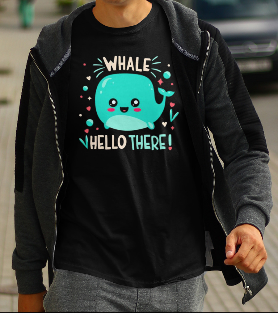 Whale Hello There Cute Cartoon Aqua Whale Design With Hearts And Stars T-Shirt