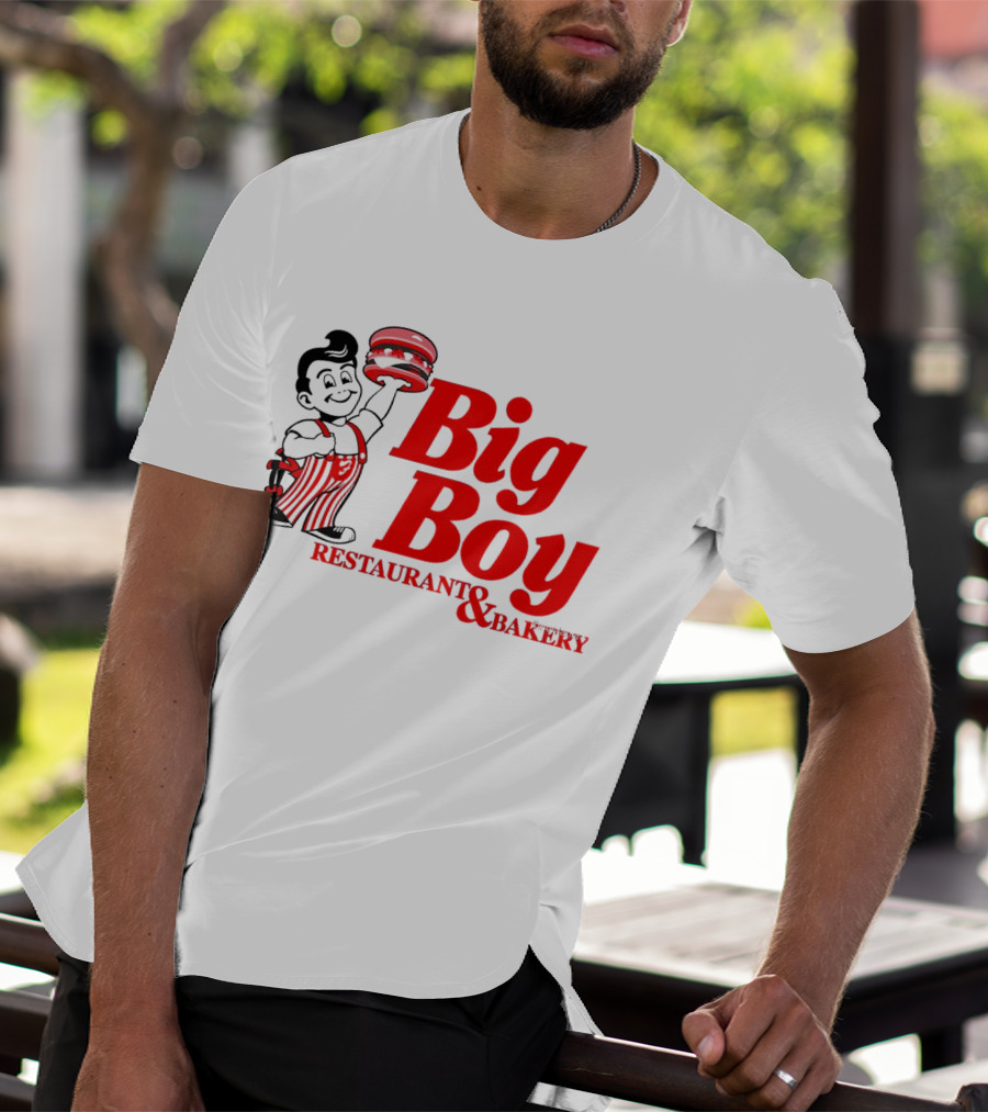 Big Boy Restaurant And Bakery Logo - Iconic Red Text With Burger Mascot T-Shirt