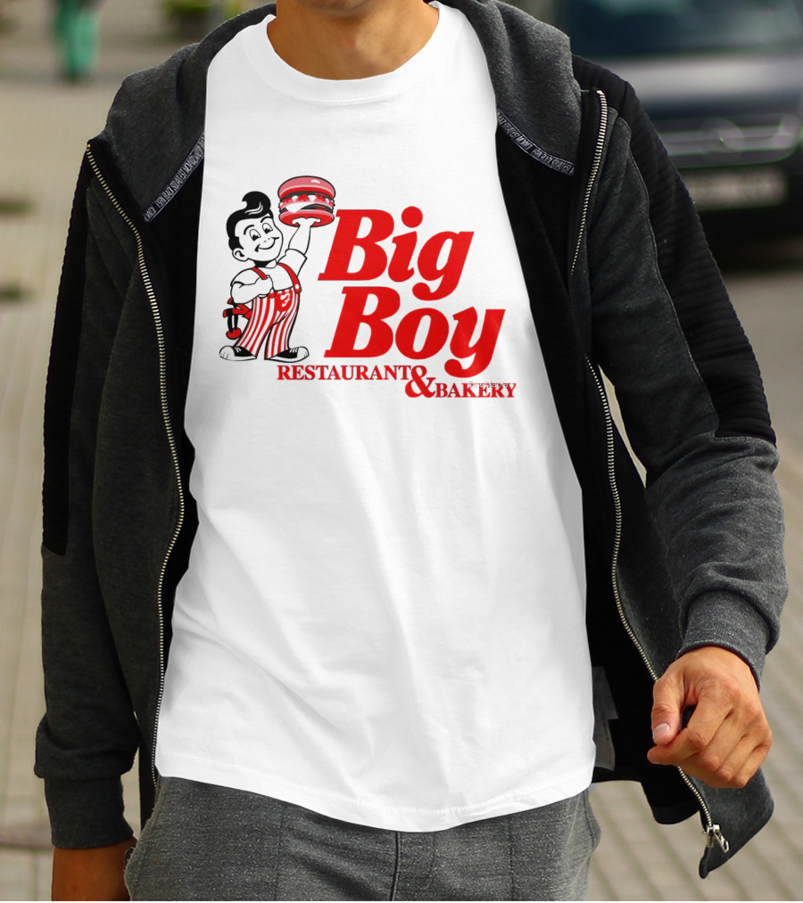 Big Boy Restaurant And Bakery Logo - Iconic Red Text With Burger Mascot T-Shirt