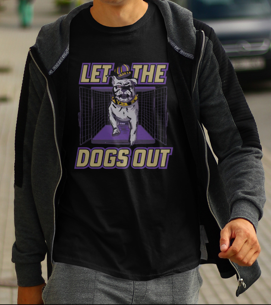 Bulldog Let The Dogs Out With Crown And Collar In Purple And Gold T-Shirt