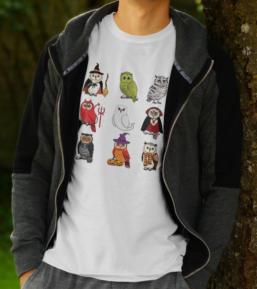 Cute Owls Halloween Witch Mummy Devil Skeleton Vampire Pumpkin Scarf T-Shirt