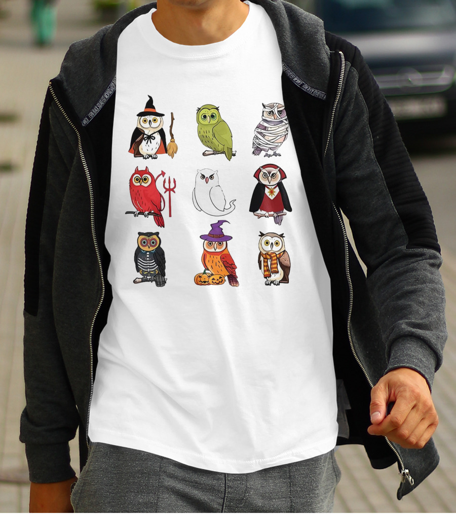 Cute Owls Halloween Witch Mummy Devil Skeleton Vampire Pumpkin Scarf T-Shirt