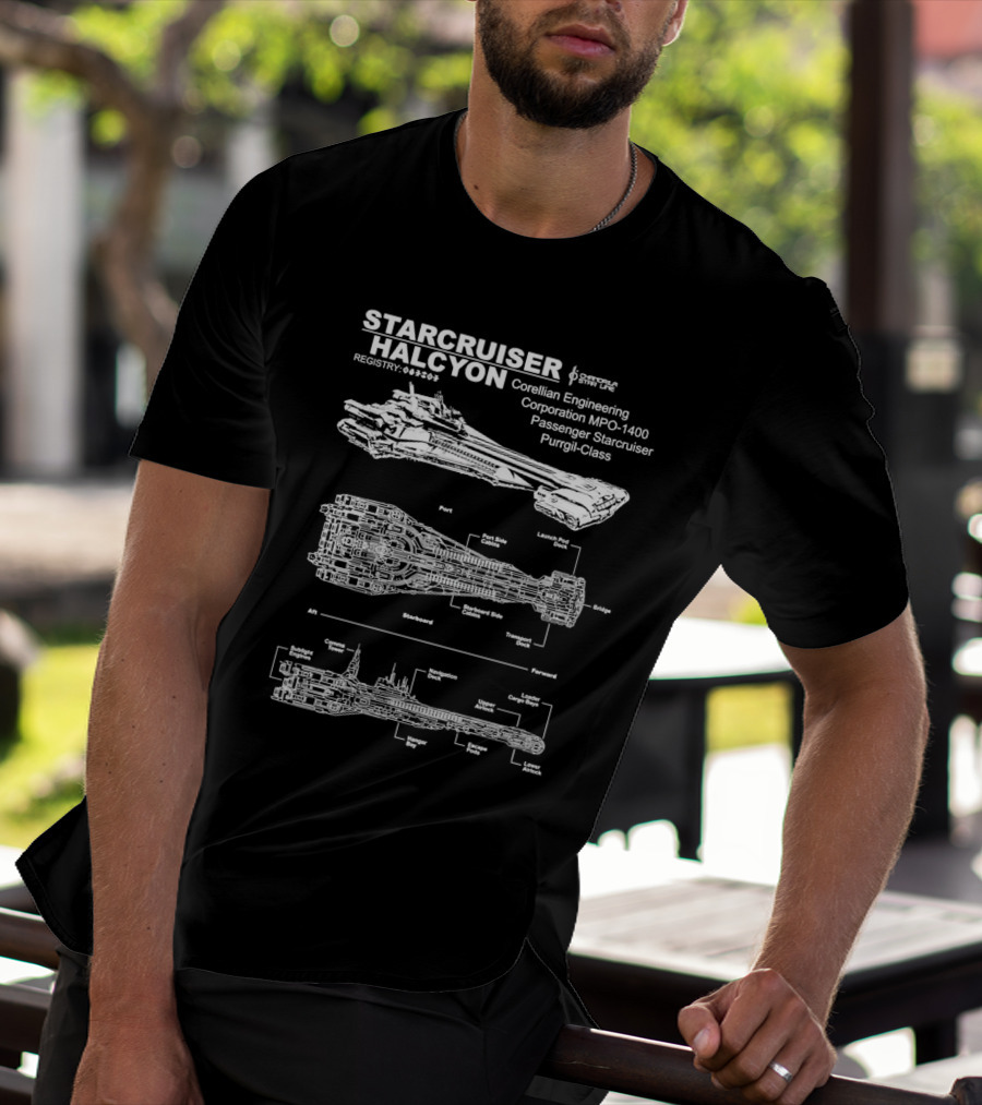 Starcruiser Halcyon Corellian Engineering Schematic Blueprint MPO-1400 Passenger Starcruiser Purrgil-Class T-Shirt