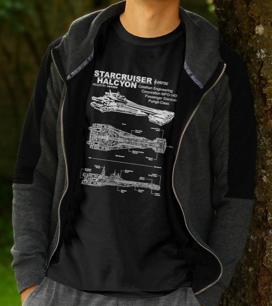 Starcruiser Halcyon Corellian Engineering Schematic Blueprint MPO-1400 Passenger Starcruiser Purrgil-Class T-Shirt