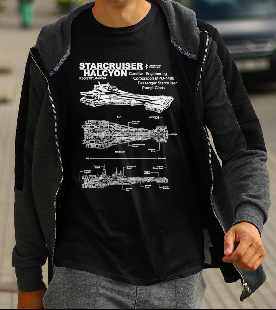 Starcruiser Halcyon Corellian Engineering Schematic Blueprint MPO-1400 Passenger Starcruiser Purrgil-Class T-Shirt