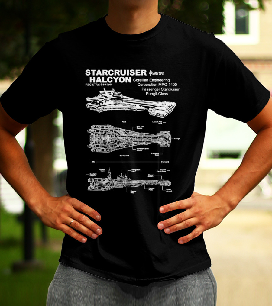 Starcruiser Halcyon Corellian Engineering Schematic Blueprint MPO-1400 Passenger Starcruiser Purrgil-Class T-Shirt