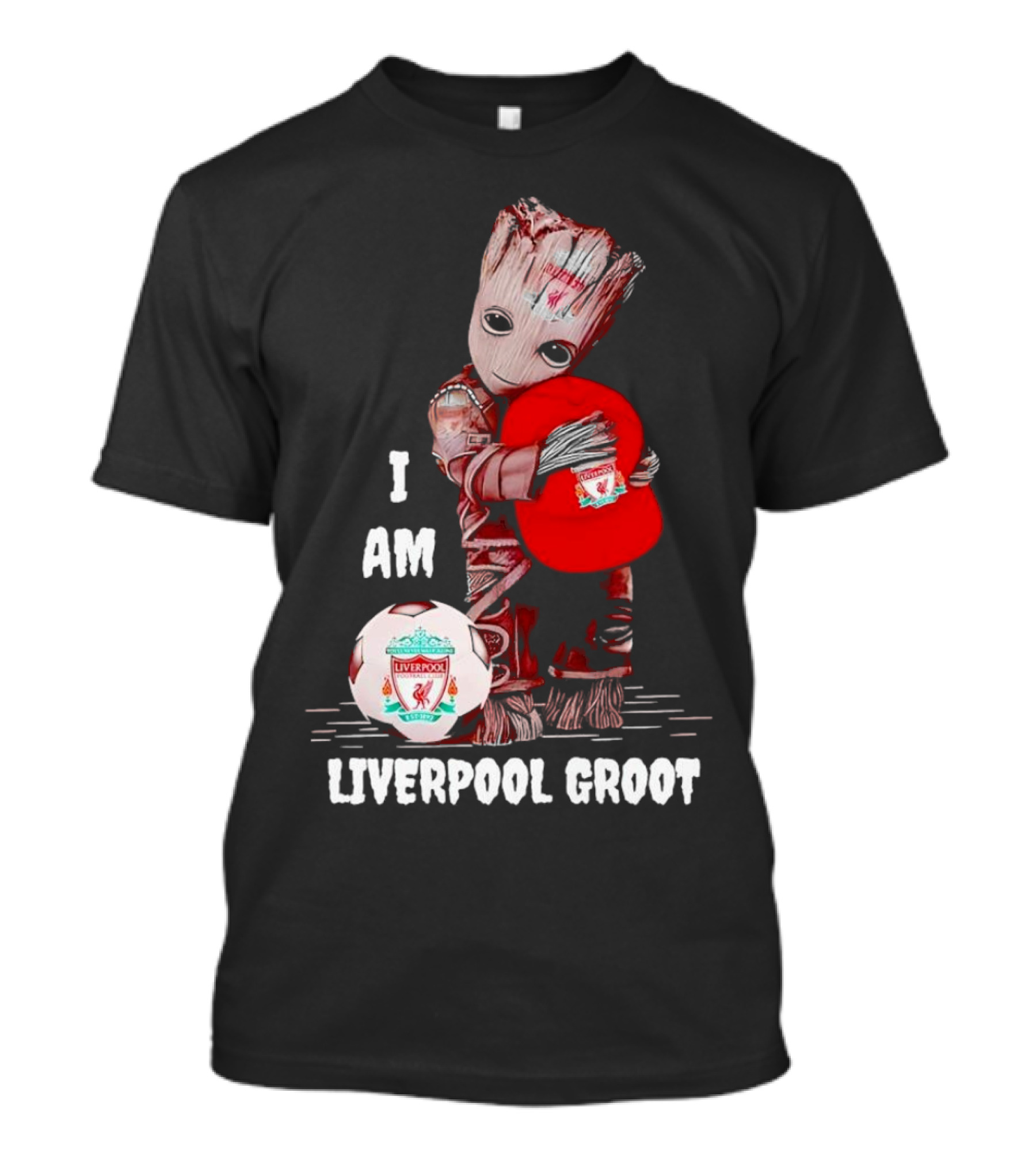 I Am Liverpool Groot Soccer Team Fan Character Holding Cap And Ball T-Shirt