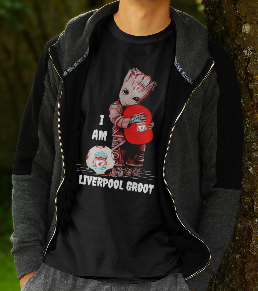 I Am Liverpool Groot Soccer Team Fan Character Holding Cap And Ball T-Shirt
