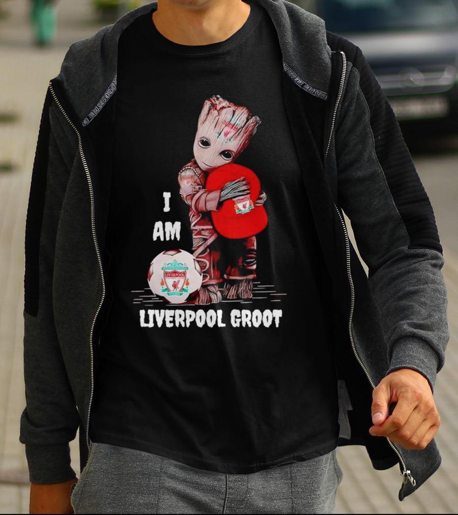 I Am Liverpool Groot Soccer Team Fan Character Holding Cap And Ball T-Shirt