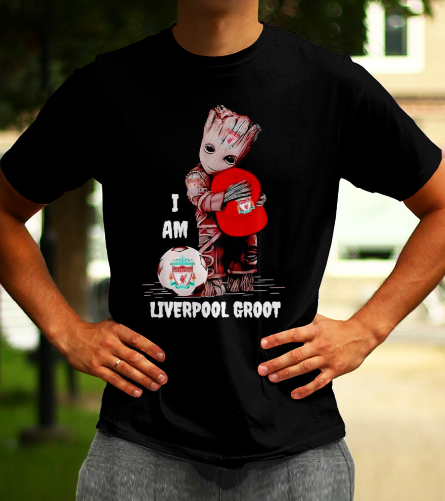 I Am Liverpool Groot Soccer Team Fan Character Holding Cap And Ball T-Shirt