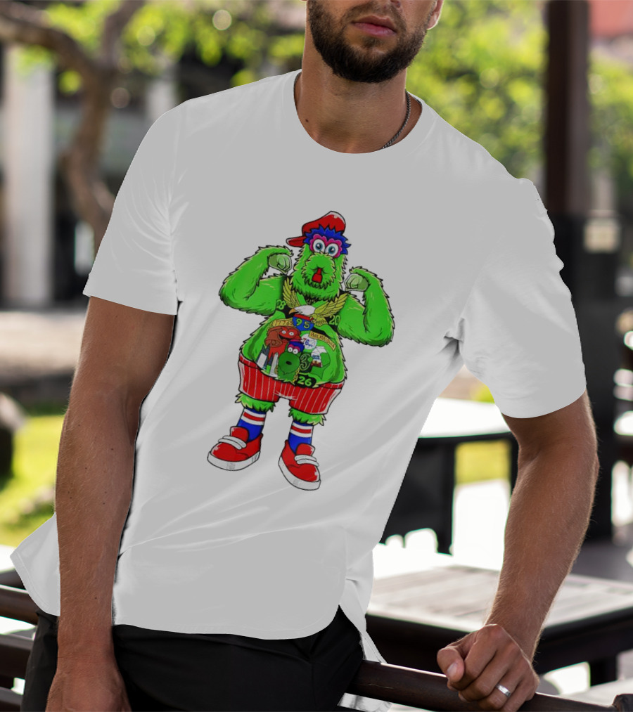 Philly Phanatic Mascots Sporting Red Cap And Sneakers With 1980 2008 1985 1995 2008 Numbers T-Shirt