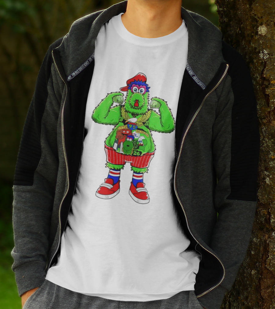 Philly Phanatic Mascots Sporting Red Cap And Sneakers With 1980 2008 1985 1995 2008 Numbers T-Shirt