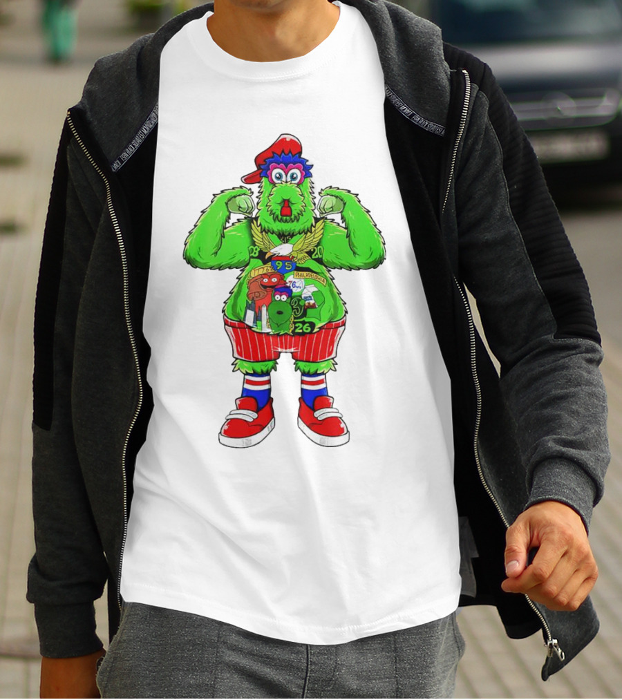 Philly Phanatic Mascots Sporting Red Cap And Sneakers With 1980 2008 1985 1995 2008 Numbers T-Shirt