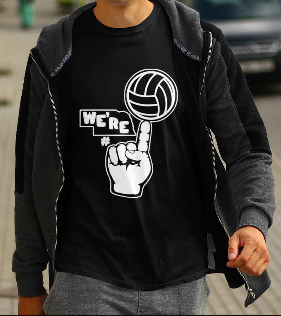 We're Number One Nebraska Volleyball Finger Gesture And Volleyball Map T-Shirt