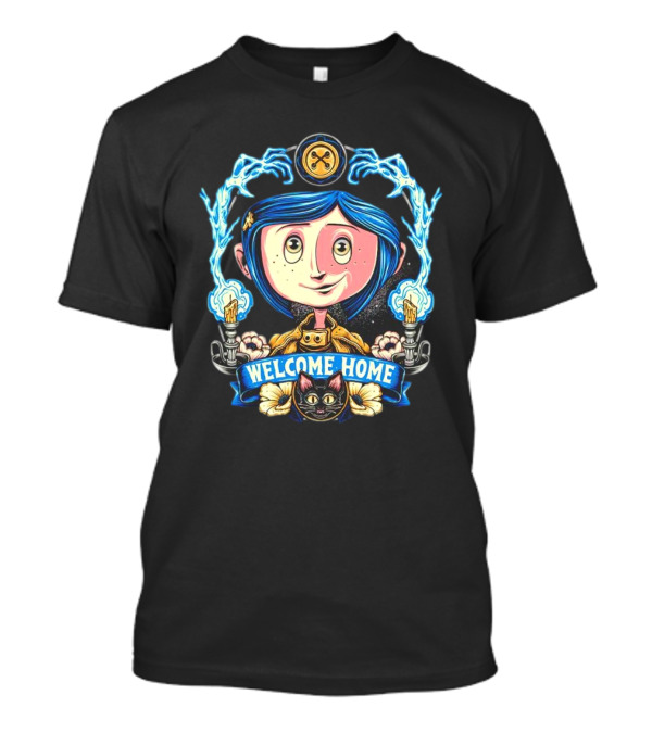 Coraline Jones Welcome Home Button Eye Electric Blue Haired Girl And Black Cat T-Shirt