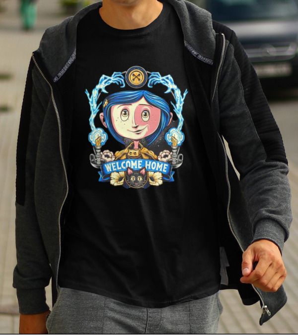 Coraline Jones Welcome Home Button Eye Electric Blue Haired Girl And Black Cat T-Shirt