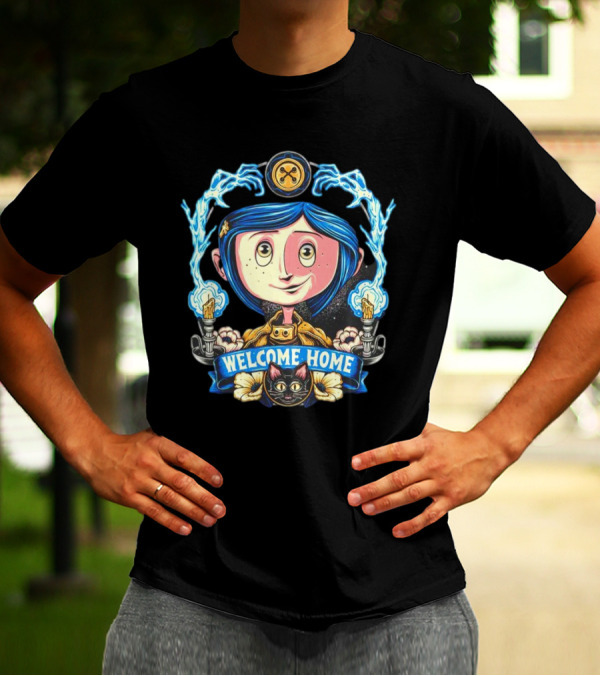 Coraline Jones Welcome Home Button Eye Electric Blue Haired Girl And Black Cat T-Shirt