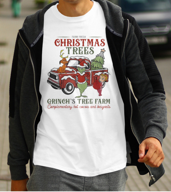 Farm Fresh Christmas Trees Grinch's Tree Farm Complementary Hot Cocoa And Beignets With Red Truck And Max T-Shirt