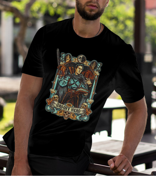 The Groovy Hero Chainsaw Warrior Moon Necronomicon Skulls T-Shirt
