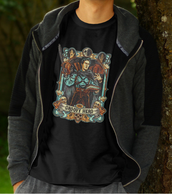 The Groovy Hero Chainsaw Warrior Moon Necronomicon Skulls T-Shirt