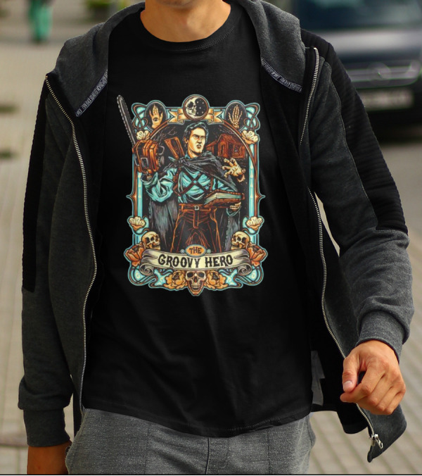 The Groovy Hero Chainsaw Warrior Moon Necronomicon Skulls T-Shirt