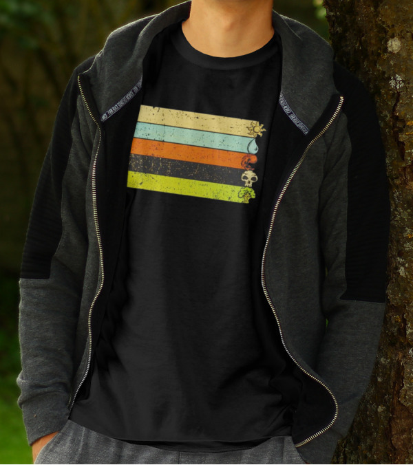 Vintage Magic Sun Water Elements Skull Retro Stripes T-Shirt