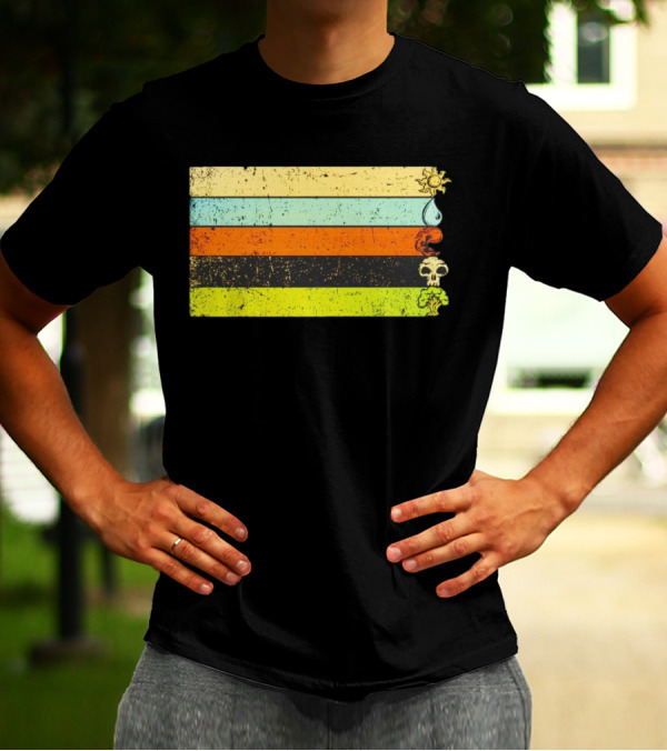 Vintage Magic Sun Water Elements Skull Retro Stripes T-Shirt