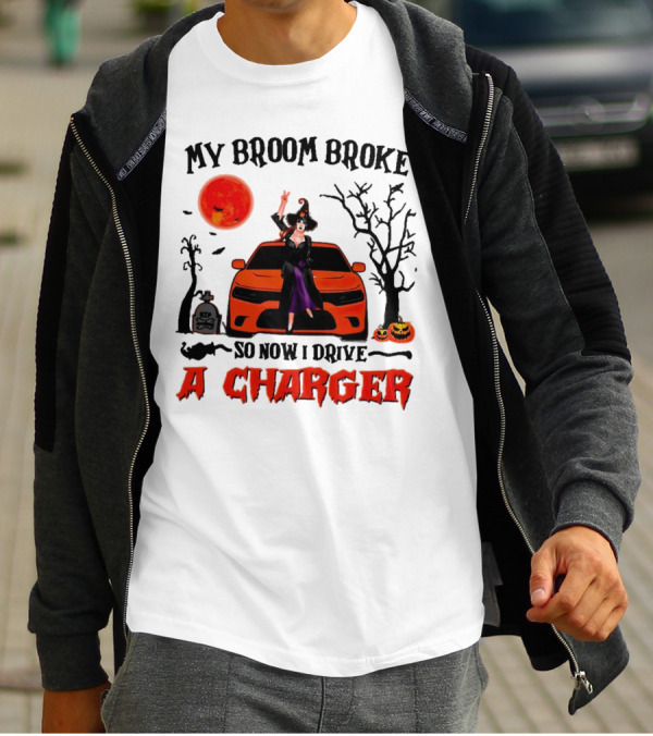 My Broom Broke So Now I Drive A Charger Halloween Witch With Pumpkins And Graveyard Scene T-Shirt
