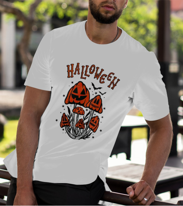 Halloween Pumpkin Mushrooms With Bats And Stars T-Shirt