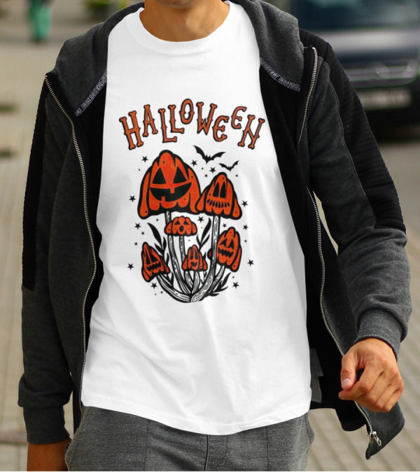 Halloween Pumpkin Mushrooms With Bats And Stars T-Shirt